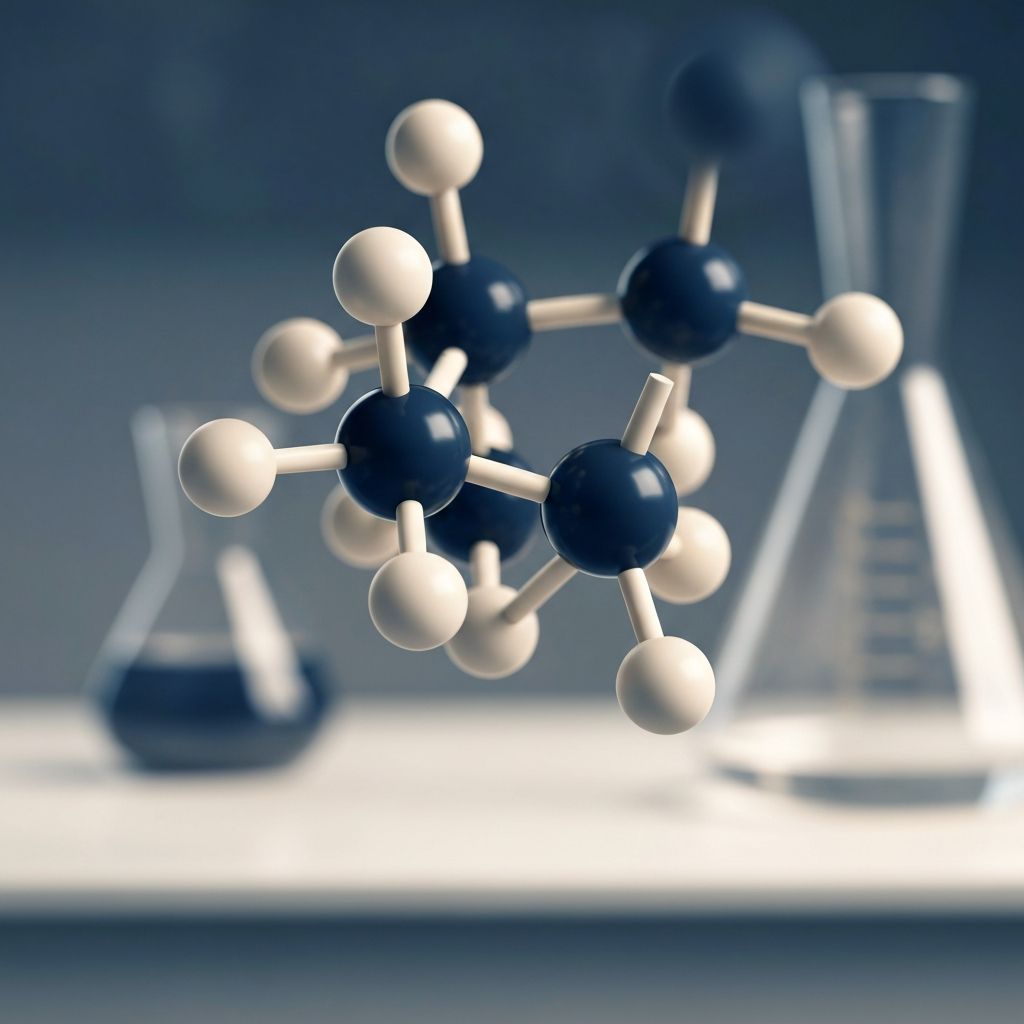 Estructura molecular en visualización científica con tonos azul, crema y oro suave