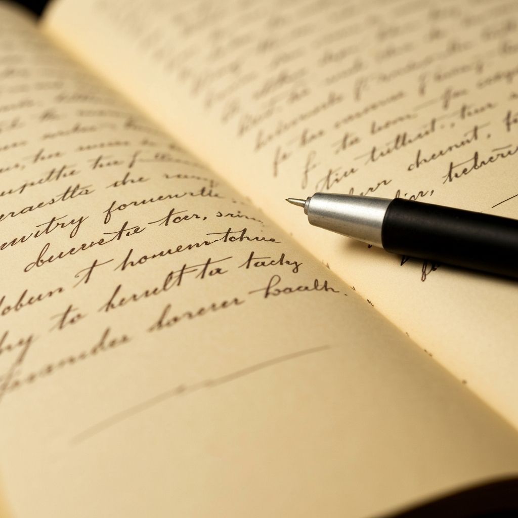 Páginas de diario antiguo con notas manuscritas y pluma de tinta sobre escritorio