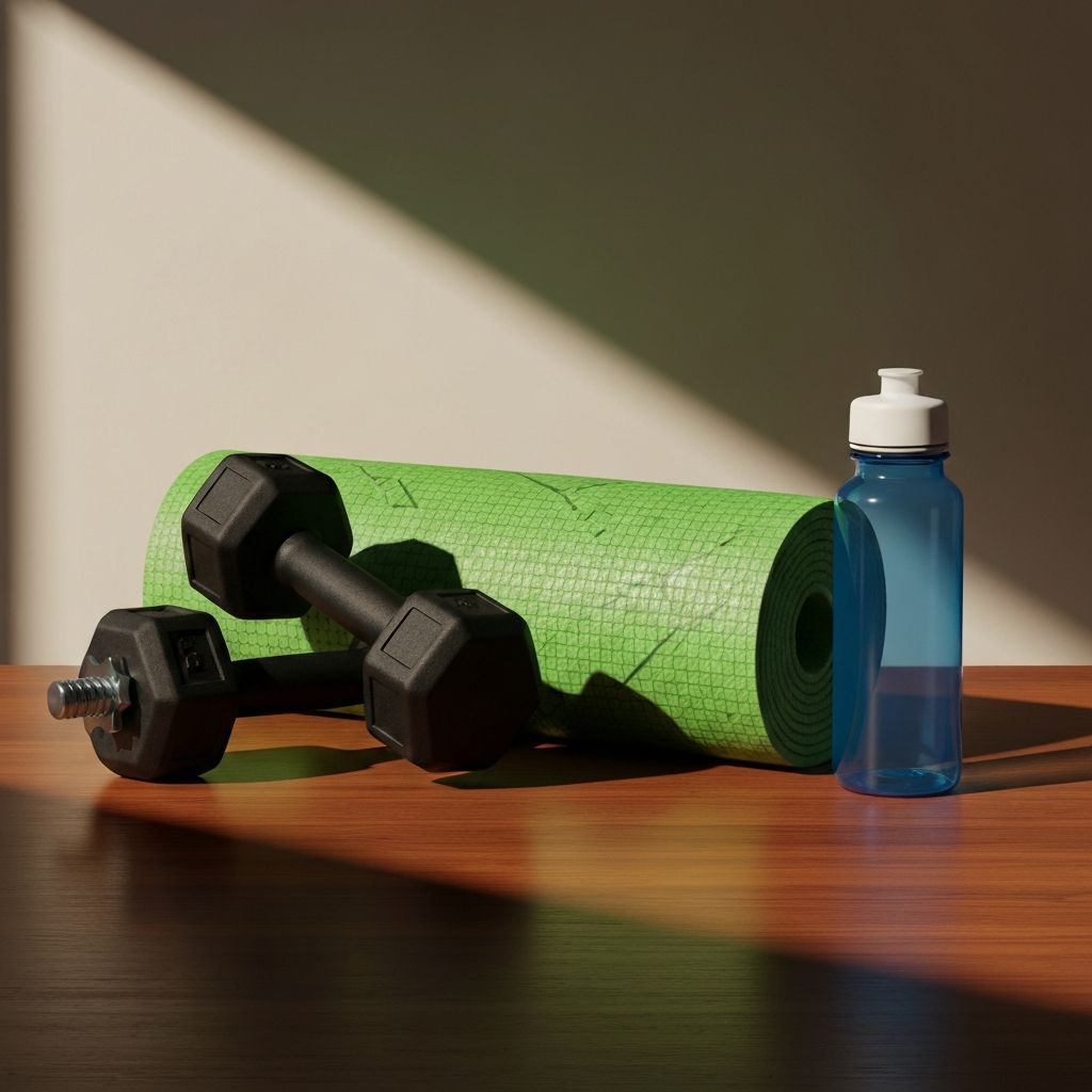 Equipo de fitness minimalista - mancuernas, tapete de yoga, botella de agua en superficie de madera